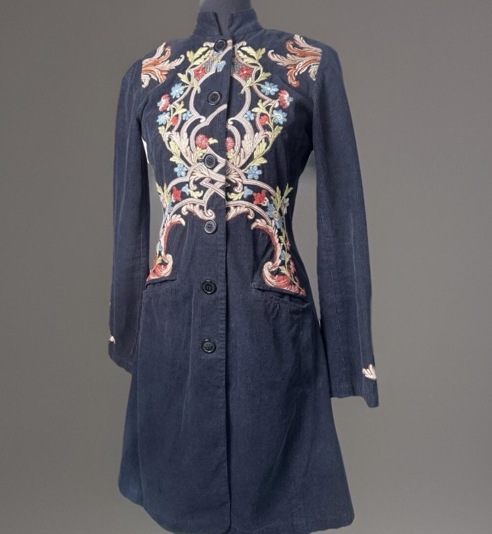Johnny Was Black Embroidered Corduroy Coat Small Boho Birds Floral - Soft Goth